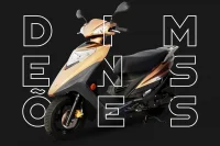 Imagem da lindy marrom em um fundo escuro e a palavra &quotdimensões&quot em destaque junto a moto 12