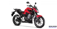 Visão em perspectiva da lateral direita frontal da moto Honda CB 300F Twister vermelha modelo ABS 13