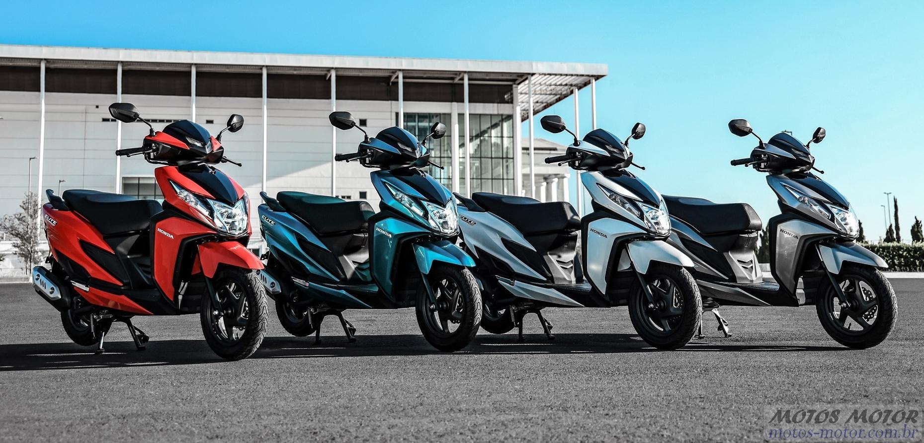Honda Elite 125 2025: scooters em azul, prata e vermelho, design moderno, tecnologia eSP