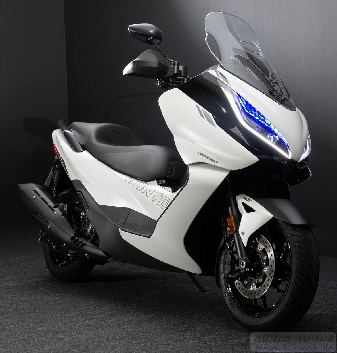 Zontes 350E branca: maxiscooter moderna, potente (37cv), design arrojado, tecnologia embarcada