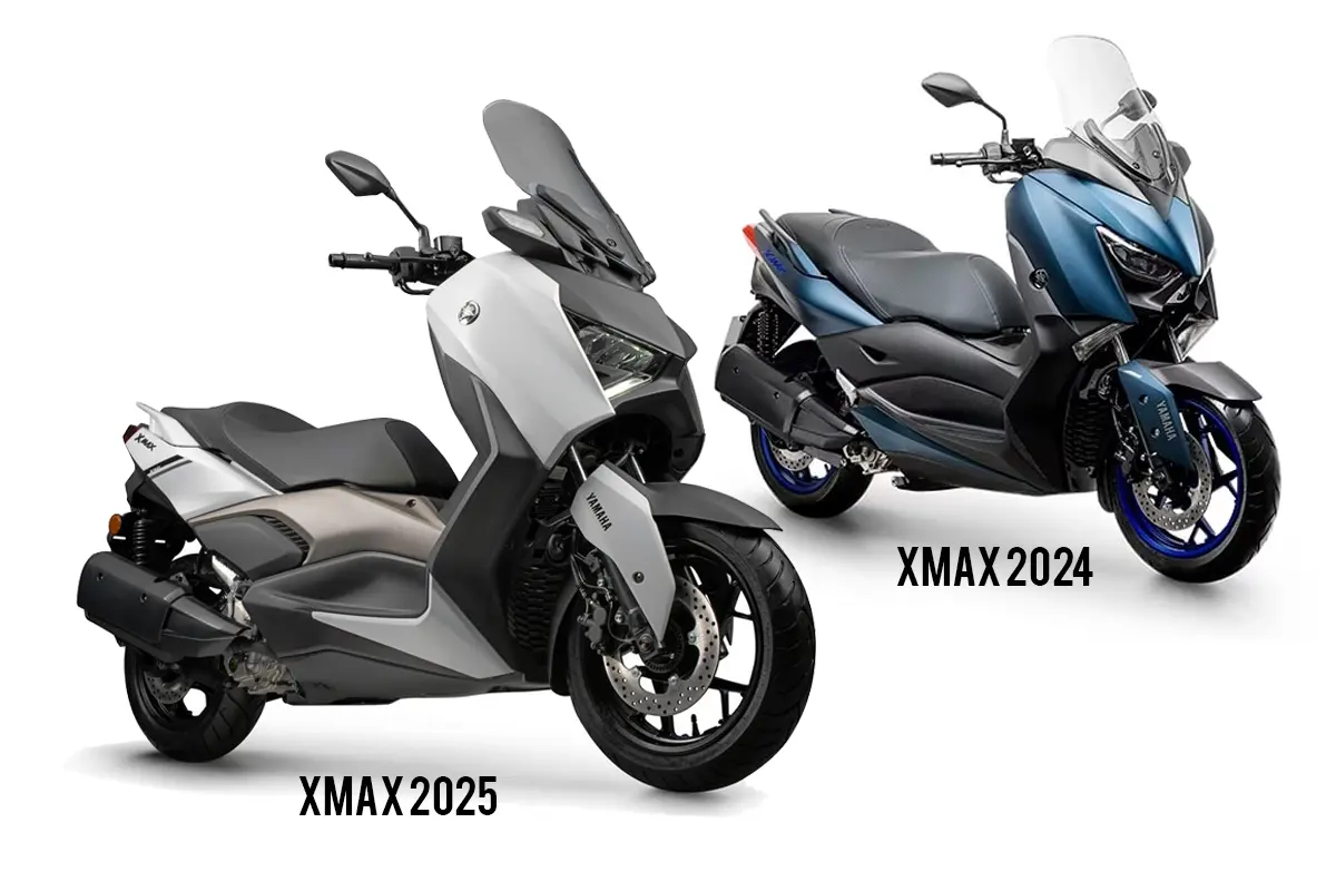 Yamaha XMAX 2025 e 2024: comparação visual de scooters, design, cores e tecnologias